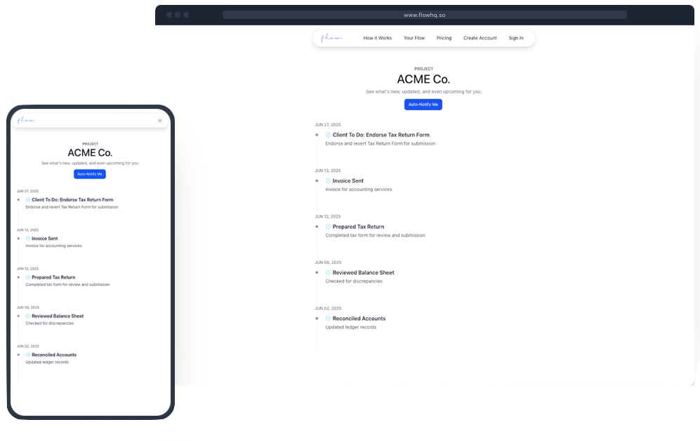 Flow — Client-update status pages for freelancers and agencies — clients check progress with no login required.