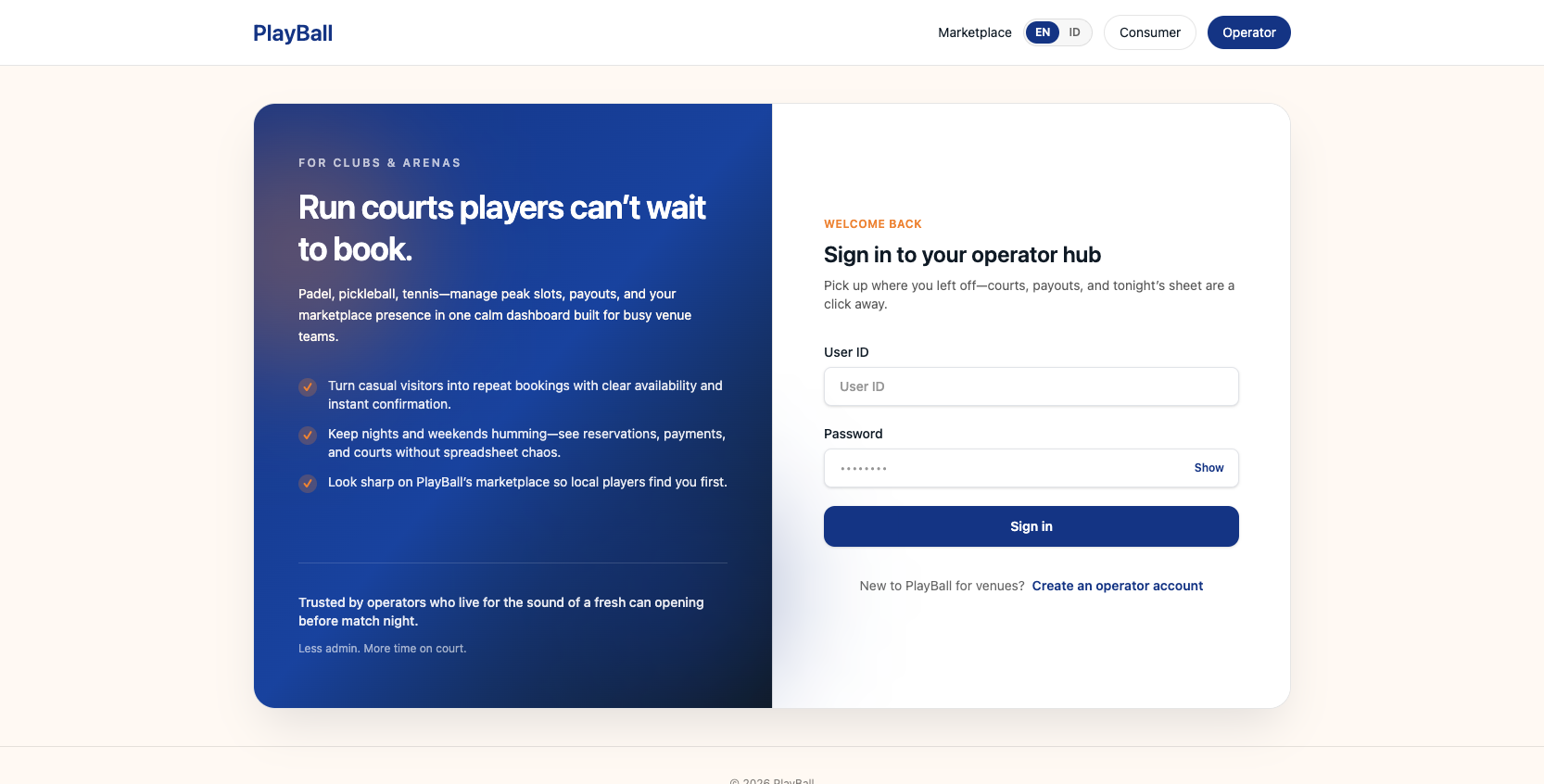 PlayBall — Court and venue booking across padel, tennis, pickleball, and badminton in Indonesia.